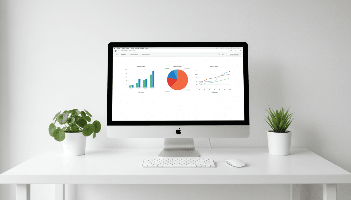 Clean minimalist desk setup with iMac displaying analytics dashboard with charts and data visualizations