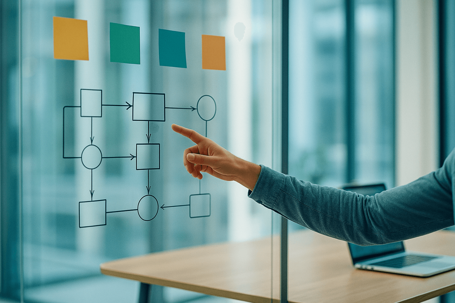 AI strategy and consulting session mapping a workflow roadmap on a whiteboard