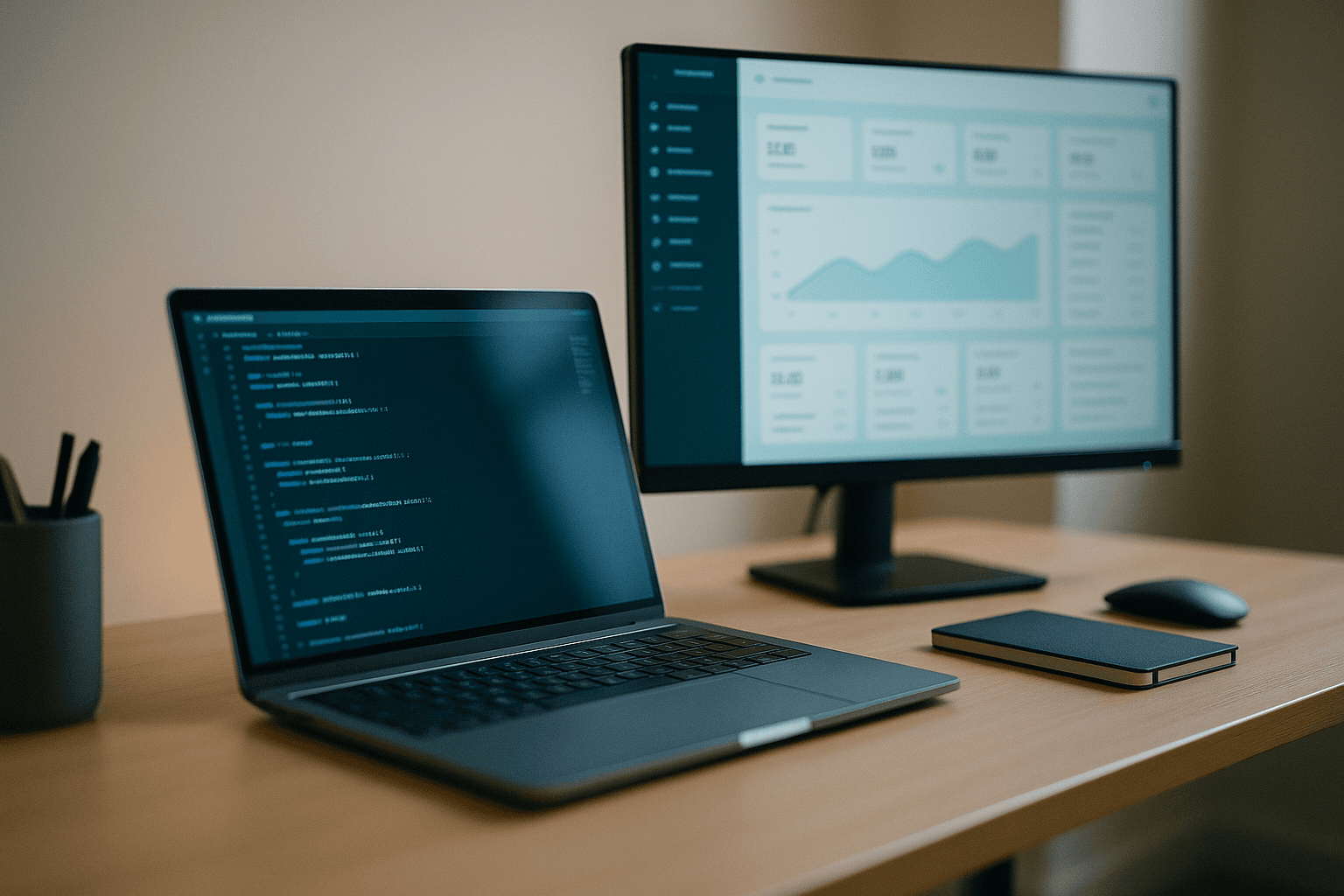 Custom app development with AI: software code on a laptop beside a finished product dashboard